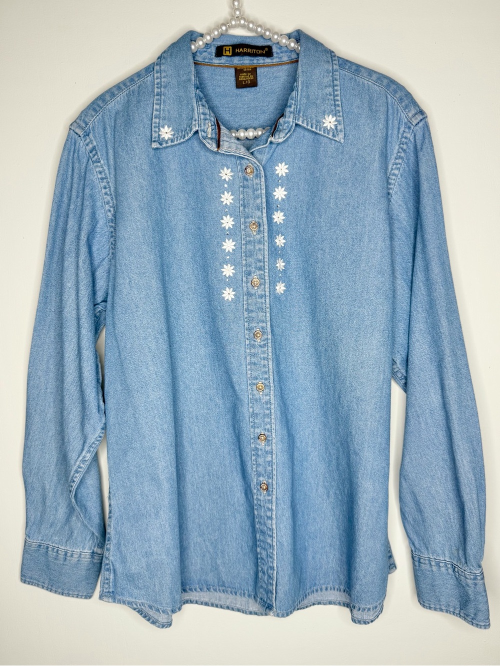 Vintage Harriton Light Blue Embroidered Denim Button-Down Shirt Size Large